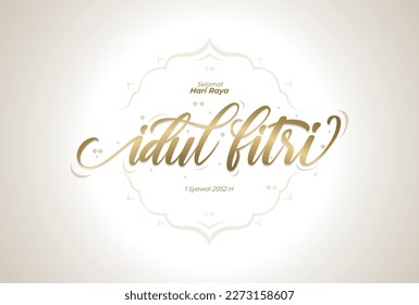 Greeting Idul Fitri with gold gradient hand lettering on white background - Flat design template