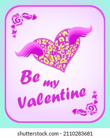 Greeting illustration of 14th February happy valentine's day wish card or poster for Valentine’s day with lilac flying heart with leopard print. Be my valentine light violet banner