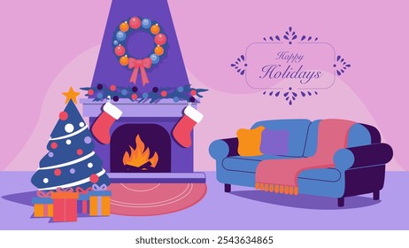 Greeting illustration of Christmas cozy home atmosphere with Happy Holidays text. Sofa with blanket and pillows near fireplace decorated with fir branches and wreath. Next to it is a tree with gifts.