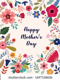 Greeting illustration with colorful spring flowers on Mother's Day. Happy Mother's Day card	