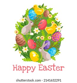 Grußgrafik mit Ostereier aus bunten Eiern, Kaninchen, Huhn, grünem Ast und Frühlingsblumen, Vektorbild