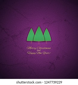 Greeting illustration with a green Christmas trees on a textured purple background. Vector Eps10.
