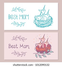 Greeting illustration for mothers day. The best mom. The Chicks sit in the nest waiting for mom.