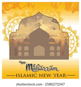 Greeting image depicting the Islamic New Year with a beautiful gold colored mosque, featuring intricate details and sacred symbolism, evoking peace, spirituality and reflection. 