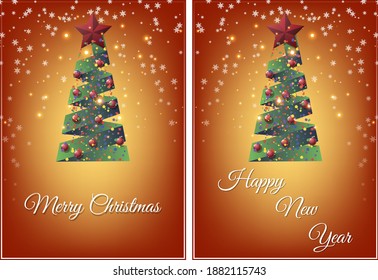 a greeting inscription and a broken green ribbon, with shiny balls and a star at the top, stylized as a Christmas tree, among the lights and snowflakes on an orange background. vector set.