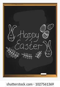 Greeting inscription with the Easter bunny and Easter eggs on blackboard background. Easter holiday handwritten lettering card. Hand drawn Vector illustration.