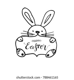Greeting inscription with the Easter bunny. Wishing You a Happy Easter. Easter holiday handwritten lettering card. Vector illustration
