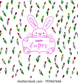 Greeting inscription with the Easter bunny. Wishing You a Happy Easter. Easter holiday handwritten lettering card. Vector illustration