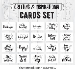 Greeting and inspirational cards set. Typographic vector design. Calligraphical quotes, wishes, greetings. Hand drawn elements. Useable as photo overlay.