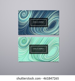 Greeting, invitation or business cards design template with swirled stripes. Vector illustration of swirled, curled stripes background. Marble or acrylic texture imitation. Cool and Swirly background