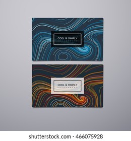 Greeting, invitation, business cards design template with swirled stripes. Vector illustration of swirled and curled stripes background. Marble or acrylic texture imitation. Cool and Swirly background