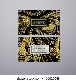 Greeting, invitation or business cards design template with swirled glittering stripes. Vector illustration of golden and silver glitter background. Marble or acrylic texture imitation.