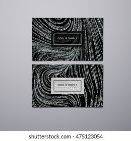 Greeting, invitation or business cards design template with swirled glittering stripes. Vector illustration of silver glitter background. Marble or acrylic texture imitation.