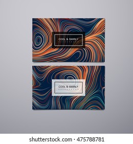 Greeting, invitation, business cards design template with swirled stripes. Vector illustration. Swirled vortex stripes background. Marble or acrylic texture imitation.