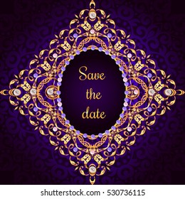 Greeting or invitation card in baroque style. Rich gold intricate tracery with colorful pearls in frame. Luxury design,save the date.