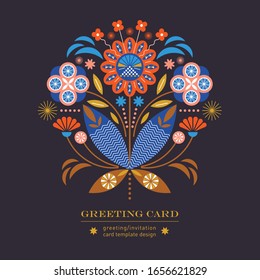 Greeting or invitation card. Beautiful floral ornament . Banner, poster template. Birthday card. Flat design