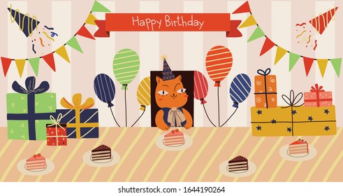 Greeting, invitation card  with cute cat. Birthdy party with gifts and cakes. Colorful poster for children. Hand drawn vector colorful funny cartoon style illustration. 