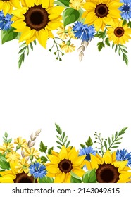 Greeting or invitation card design with blue and yellow sunflowers, cornflowers, dandelion flowers, ears of wheat, and green leaves. Vector illustration