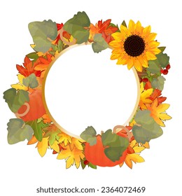 Greeting or invitation card design with fall leaves, sunflowers and pumpkin for Thanksgiving or Harvest Day. Autumn wreath isolated on white background. Vector frame with space for text.