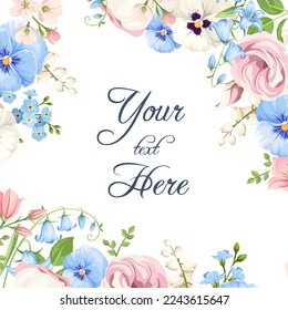 Greeting or invitation card design with pink, blue, and white pansy flowers, forget-me-not flowers, lisianthus flowers, and lily-of-the-valley flowers. Vector floral background