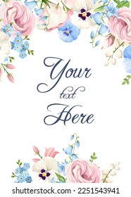 Greeting or invitation card design with pink, white, and blue pansy flowers, lisianthus flowers, harebells, lily of the valley, and forget-me-not flowers. Vector floral background