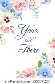 Greeting or invitation card design with pink, white, and blue spring flowers: pansy flowers, lisianthus flowers, harebells, and forget-me-not flowers. Vector floral background