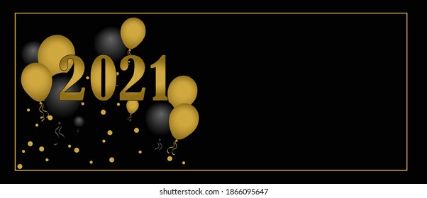 Greeting or invitation card for the end of the year 2020, year 2021 surrounded by black and gold balloons, with a gold frame and black background