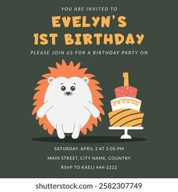 Greeting invitation card for first kids Birthday party. Cute baby hedgehog and cake number one in flat childrens style. Vector illustration, design for card, poster, banner