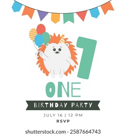 Greeting invitation card for first kids Birthday party. Cute baby hedgehog, balloons, number one in flat childrens style. Vector illustration, design for card, poster, banner