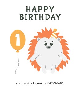 Greeting invitation card for first kids Happy Birthday. Cute baby hedgehog and balloon number one in flat childrens style. Vector illustration, design for card, poster, banner