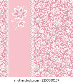 Greeting or invitation card with floral pattern on the pink background.