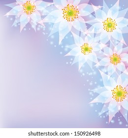 Greeting or invitation card with flowers. Purple abstract floral background with place for text. Vector background