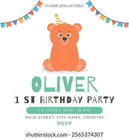 Greeting and invitation card for kids 1st Birthday party. Cute baby bear in flat childrens style. Vector illustration, design for card, poster, event