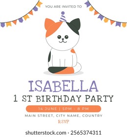 Greeting and invitation card for kids 1st Birthday party. Cute baby cat in flat childrens style. Vector illustration, design for card, poster, event