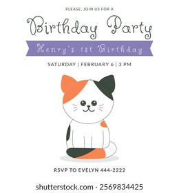 Greeting and invitation card for kids 1st Birthday party. Cute baby cat in flat childrens style. Vector illustration, design for card, poster, event