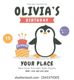 Greeting and invitation card for kids Birthday party. Cute baby animal penguin and cake in flat childrens style. Vector illustration, design for card, poster, event, prints