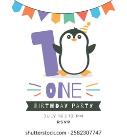 Greeting and invitation card for kids Birthday party. Cute baby animal penguin and number 1 in flat childrens style. Vector illustration, design for card, poster, event