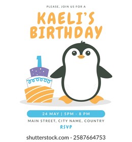 Greeting and invitation card for kids Birthday party. Cute baby animal penguin and cake with number 1 in flat childrens style. Vector illustration, design for card, poster, event