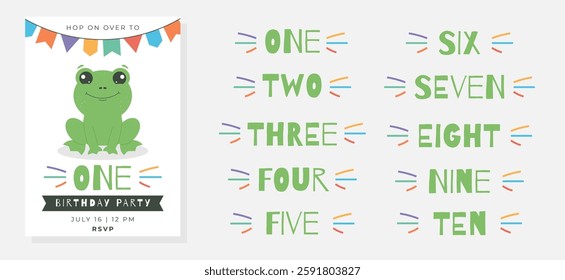Greeting and invitation card for kids Birthday party. Cute frog and set of numbers in flat childrens style. Vector illustration collection, design for card, poster, event, banner