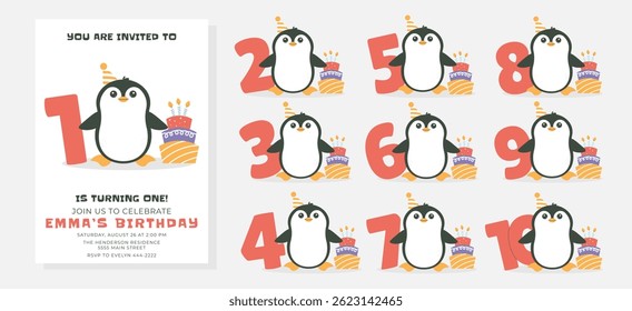Greeting and invitation card for kids Birthday party. Cute baby penguin, cake, numbers in flat childrens style. Vector illustration, design for card, poster, event