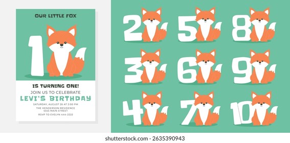 Greeting and invitation card for kids Birthday party. Cute baby fox and numbers in flat childrens style. Vector illustration, design for card, poster, event
