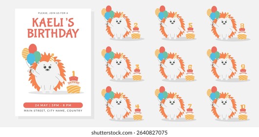 Greeting and invitation card for kids Birthday party. Cute baby hedgehog, balloons,cake with number in flat childrens style. Vector illustration, design for card, poster