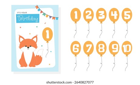 Greeting and invitation card for kids Birthday party. Cute baby fox and balloons with numbers in flat childrens style. Vector illustration, design for card, poster, event