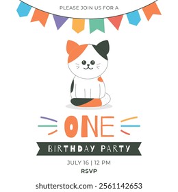 Greeting and invitation card for kids first Birthday party. Cute baby cat and one in flat childrens style. Vector illustration, design for card, poster, event