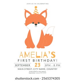 Greeting and invitation card for kids first Birthday party. Cute baby animal fox in flat childrens style. Vector illustration, design for card, poster, event, prints