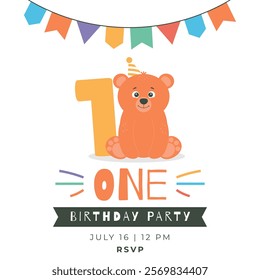 Greeting and invitation card for kids first Birthday party. Cute baby bear and number 1 in flat childrens style. Vector illustration, design for card, poster, event