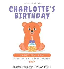 Greeting and invitation card for kids first Birthday party. Cute baby bear and cake with number 1 in flat childrens style. Vector illustration, design for card, poster, event