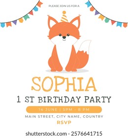 Greeting and invitation card for kids first Birthday party. Cute baby animal fox in flat childrens style. Vector illustration, design for card, poster, event, prints