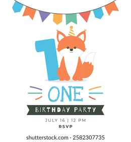 Greeting and invitation card for kids first Birthday party. Cute baby animal fox and number 1 in flat childrens style. Vector illustration, design for card, poster, event, prints