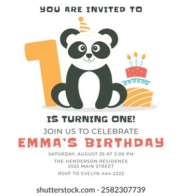 Greeting and invitation card for kids first Birthday party. Cute baby panda, cake with candles, number 1 in flat childrens style. Vector illustration, design for card, poster, event